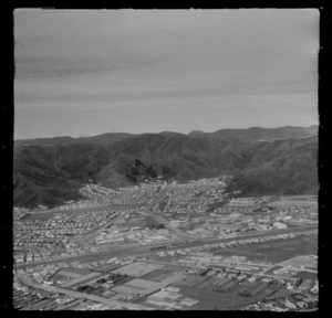 View to the suburb of Naenae with Naenae College and Oxford Terrace, Naenae Railway Station and Olympic Pool, Lower Hutt Valley, Wellington Region