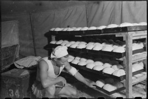Bread set out to rise before baking at 2 New Zealand Field Bakery in Italy during World War II - Photograph taken by George Kaye
