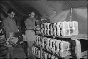 Freshly baked bread stacked awaiting delivery at 2 New Zealand Field Bakery in Italy, World War II - Photograph taken by George Kaye
