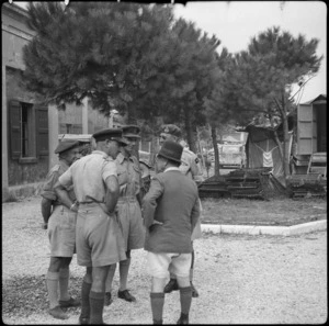 British Secretary of State for India, Hon L C M S Amery, talking with New Zealand officers in Italy, World War II - Photograph taken by Cedric Mentiplay