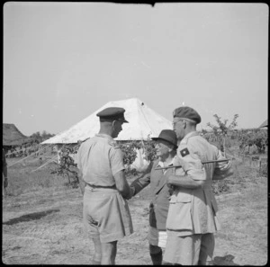 Major General Weir chatting to Hon L C M S Amery and Major General Burch in northern Italy, World War II - Photograph taken by Cedric Mentiplay