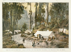 Artist unknown :Camp life in the New Zealand bush; a scene on the route of the North Island main trunk railway at the Hapuawhenua viaduct, near Ohakune. [Auckland] Auckland Weekly News, special Christmas supplement, 1908.