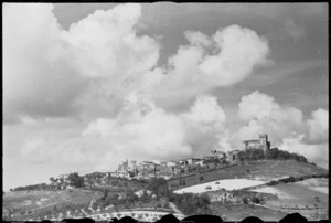 Village and castle of Gradara Italy, near which New Zealand Division camped in Adriatic sector, World War II - Photograph taken by George Kaye