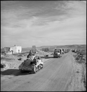Convoy of 8th Army transport lines up at the bottom of Sollum Pass, Egypt, during World War II