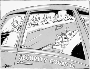 Nisbet, Alistair, fl 1990s :Fran[ce]. China. U.K. Russia. U.S.A. N.Z. Security Council. Christchurch Press. 30 October, 1992.