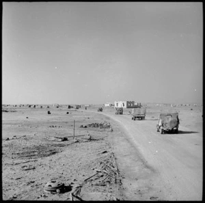 World War II New Zealand convoy approaches Sidi Barrani, Egypt - Photograph taken by H Paton