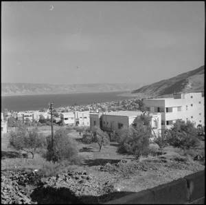 View over town to Lake Tiberias, also known as the Sea of Galilee, Palestine