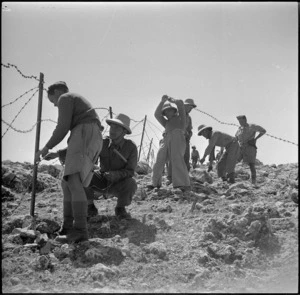 Members of 28 New Zealand Maori Battalion erecting wire fences in Syria during World War II - Photograph taken by H Paton
