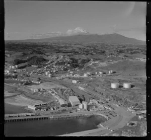 View of New Plymouth with Port Taranaki Wharf and Ngamutu Beach in foreground to Mount Taranaki beyond