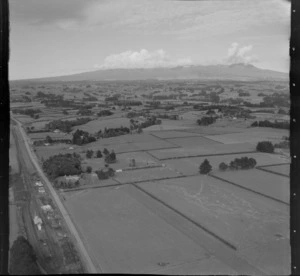 View of Lepperton Junction railway station, with farmland and Mount Taranaki beyond, Taranaki