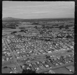 View over Inglewood with Standish Street in foreground to Matai Street through town and Rata Street to farmland beyond, Taranaki Region
