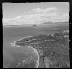 View of Maraetai Bay and the settlement of Oruatua with the Tauranga Taupo River to Motutaiko Island beyond, on eastern side of Lake Taupo