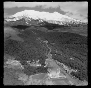 View of the Chateau Tongariro and Whakapapa Village with access road through bush up to the Whakapapa Ski Field and Mount Ruapehu, Manawatu-Whanganui Region