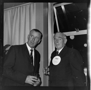 Sir Leonard Isitt and unidentified man at National Airways Corporation opening