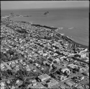 View over New Plymouth City to Port Taranaki and the Sugar Loaf Islands with Leach Street in the foreground, Taranaki Region