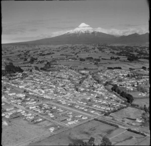 View over the town of Inglewood to farmland and Mount Taranaki beyond, New Plymouth District, Taranaki Region