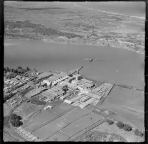 View of the Whanganui Freezing Works with wharf [under construction?] and the Whanganui River, Manawatu-Whanganui Region