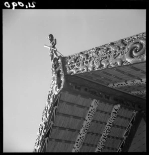 View of rafter patterns and barge boards surrounding the meeting house, Tukaki in Te Kaha