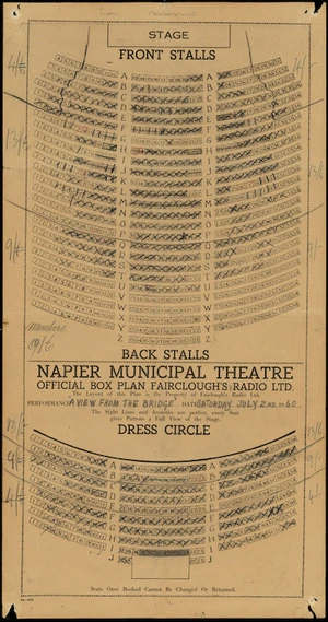 Napier Municipal Theatre :Official box plan, Fairclough's Radio Ltd. The layout of the plan is the property of Fairclough's Radio Ltd. Performance "A view from the bridge", Saturday July 2nd 1960. [Printed by] VW - 8035 [ca 1960]