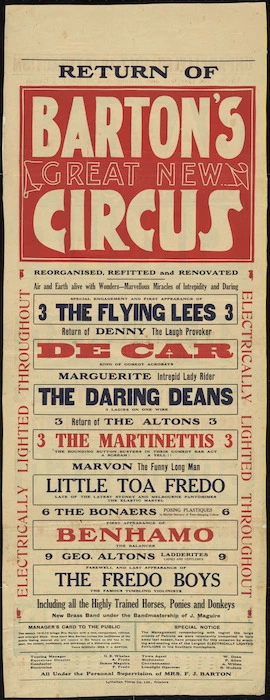 Return of Barton's great new circus, reorganised, refitted and renovated. Lyttelton Times Company Ltd [1918].