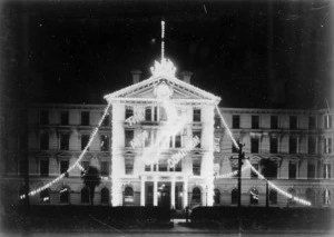 Government Buildings, Lambton Quay, Wellington, illuminated for Dominion Day
