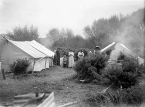 Hop pickers at their camp in Riwaka