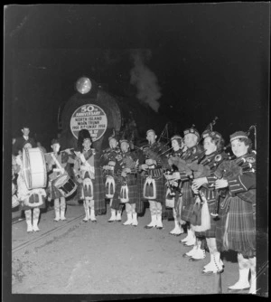 A Scottish Bagpipe Band playing at the Ohakune Railway Jubilee Celebrations