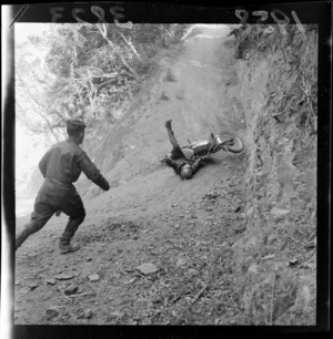 Motorcycle accident [during race?], Horokiwi, Wellington, including man running to the aid of motorcyclist