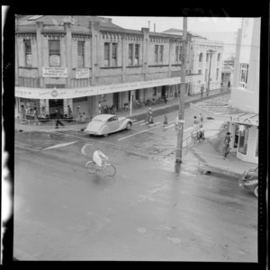 Intersection of Perry and Queen Streets, Masterton, Wairarapa Region, including Pages store, North British & Mercantile Insurance Co Ltd, Norwich Union Life Insurance Society, and C M L building