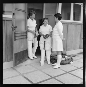 Three unidentified female cricket players, [members of the New Zealand or English national women's team?], location unidentified