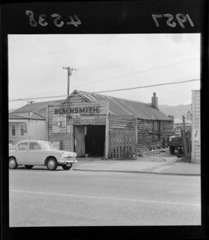 Exterior view of a blacksmith shop at Johnsonville, Wellington