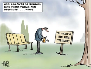 Hawkey, Allan Charles, 1941- :HCC removes 52 rubbish bins from parks and reserves ... news... 13 July 2012