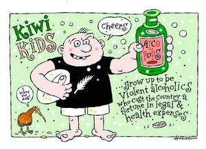 Hodgson, Trace, 1958- :Kiwi kids ... grow up to be violent alcoholics who cost the country a fortune in legal & health expenses... 14 July 2012