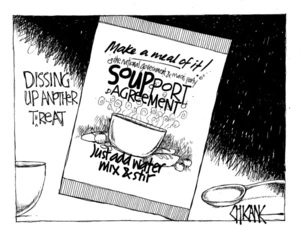 Winter, Mark 1958- :Dissing up another treat. Make a meal of it! the National government & Maori Party SOUPport agreement - just add water, mix & stir. 13 July 2012