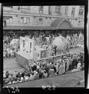 Festival of Wellington parade, showing Wellington Education Board float, and spectators, outside the DIC building, Lambton Quay, Wellington