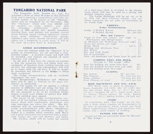 Tongariro Park Tourist Company Ltd :Tongariro National Park; lodge accommodation, tariffs, camping fees ... [Double page spread]. 1929.