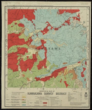 Geological map of Kawakawa survey district / drawn by G.E. Harris ; compiled from data obtained from the Lands and Survey Department, from Admiralty charts, and from additional surveys by H.T. Ferrar and W.H. Cropp of the Geological Survey Branch of the Mines Department ; geology by H.T. Ferrar and W.H. Cropp.