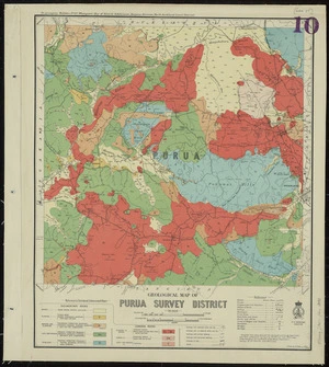 Geological map of Purua survey district / drawn by G.E. Harris ; compiled from data obtained from the Lands and Survey Department, and from additional surveys by H.T. Ferrar and W.H. Cropp of the Geological Survey Branch of the Mines Department ; geology by H.T. Ferrar and W.H. Cropp.