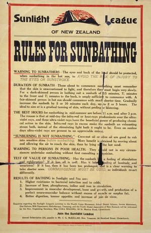 Sunlight League of New Zealand :Rules for sunbathing. [1930-1936].