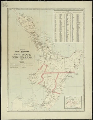 Railway, postal and telegraph map of the North Island, New Zealand.