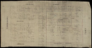 [Creator unknown] :[Haining Street, Martin Square, Sages Lane, Taranaki Street, Tory Street, Te Aro, Wellington City] [map with ms annotations]. [1925-41]