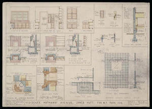 Crichton, McKay & Haughton :Residence, Hathaway Avenue, Lower Hutt, for W F Park, Esq. Sheet no. 2. Elevation of [furniture] fireplaces, plan at corner windows, typical window, canopy over entry, typical wall reinforcement. [1938]