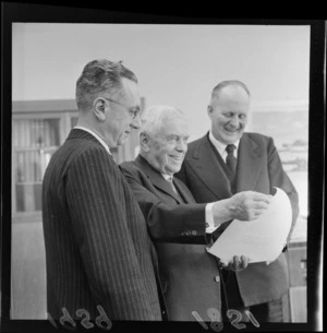 Walter Nash with Dr T Ciaffaidoni and Mr H I Austad, holding official invitation to Olympic Games