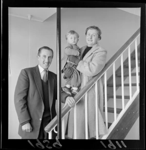 Mr and Mrs W. Shaw and son Nicholas, first tenants in the Gordon Wilson state flats on The Terrace, Wellington