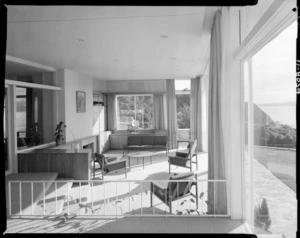 Living area in the house designed by E A Plischke for D Winn, Walter Road, Lowry Bay, Eastbourne, Lower Hutt, Wellington