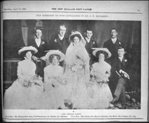 Page from the New Zealand Free Lance, featuring a photograph of the Littlejohn/McDiarmid wedding party