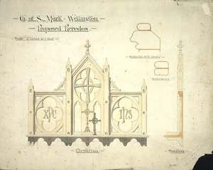 Clere, Frederick de Jersey, 1856-1952 :Ch[urch] of St Mark, Wellington. Proposed reredos. Clere, Fitzgerald & Richmond. 7 Feb 1883