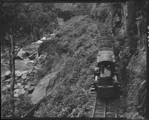 Diesel locomotive hauling coal from Charming Creek Coal Mine, Buller district - Photograph taken by E P Christensen