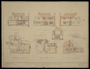 Crichton, McKay & Haughton :Alterations to residence at Eastbourne for D Bowie Esq. October 1935. Elevation. Section. Plans