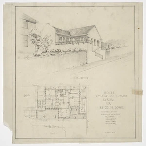 Haughton & McKeon :House Monaghan Avenue, Karori, for Mr Colin Bowie. Scale 1/8 inch to 1 foot. Perspective [and] plan. November 1947.